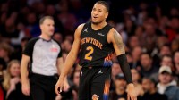 New York Knicks guard Miles McBride (2) reacts during the second quarter against the Sacramento Kings at Madison Square Garden.