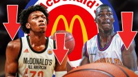 Kwame Brown and James Wiseman in McDonald's All-American gear. McDonald's All-American Game logo front and center. Downward facing arrows all over the graphic.
