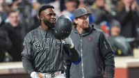 New York Mets center fielder Luis Robert Jr. (88) reacts to hitting a three run walk off home run against the Pittsburgh Pirates during the eleventh inning at Citi Field.