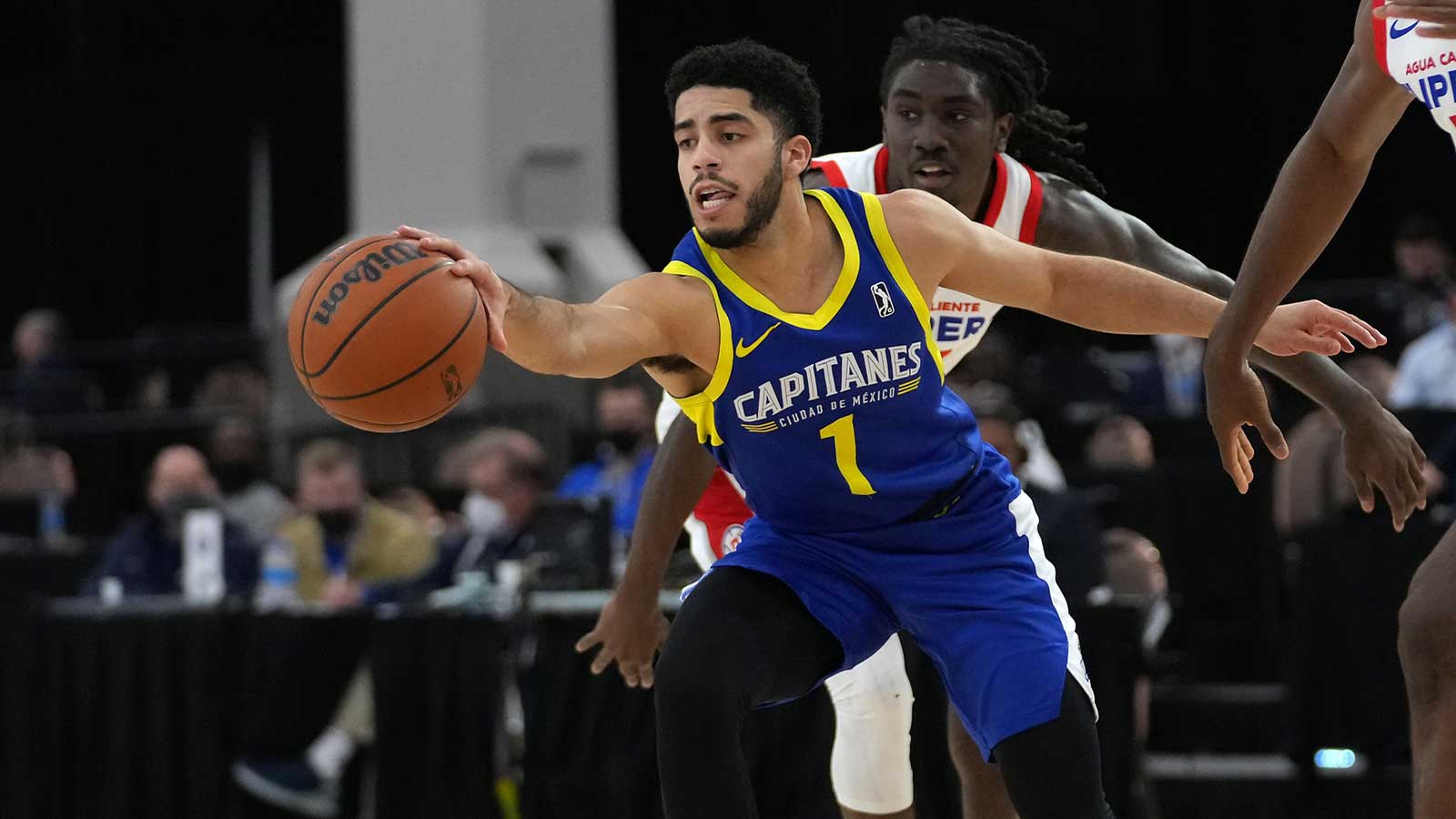 Mexico City Capitanes guard Jordan Howard (1) reaches for a loose ball during the second quarter against the Agua Caliente Clippers at Mandalay Bay Convention Center. Mandatory Credit: 
