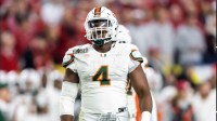 Miami Hurricanes defensive lineman Rueben Bain Jr. (4) against the Indiana Hoosiers during the College Football Playoff National Championship game at Hard Rock Stadium.