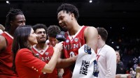 Miami (OH) RedHawks wing Eian Elmer (0) is interviewed after the game against the SMU Mustangs during a first four game of the men's 2026 NCAA Tournament at University of Dayton Arena.