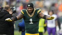 Green Bay Packers defensive end Micah Parsons (1) celebrates the victory over the Minnesota Vikings at Lambeau Field.