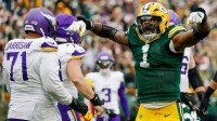 Green Bay Packers defensive end Micah Parsons (1) celebrates after sacking Minnesota Vikings quarterback J.J. McCarthy (9) on Sunday, November 23, 2025, at Lambeau Field in Green Bay, Wis.