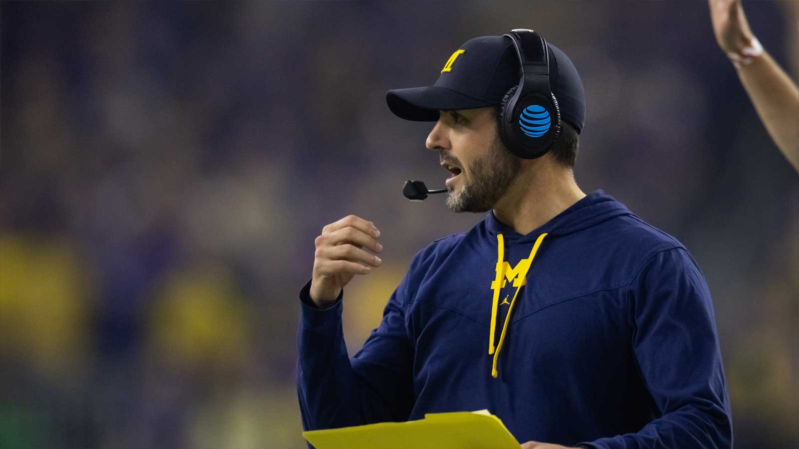 Michigan Wolverines defensive coordinator Jesse Minter against the Washington Huskies during the 2024 College Football Playoff national championship game at NRG Stadium.