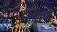 Mar 18, 2026; Buffalo, NY, USA; Michigan Wolverines center Aday Mara (15) shoots the ball during a practice session ahead of the first round of the men's 2026 NCAA Tournament at Keybank Center. Mandatory Credit: Gregory Fisher-Imagn Images