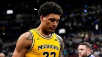 Michigan forward Yaxel Lendeborg (23) walks off the court after 80-72 loss to Purdue at the Big Ten Tournament final at United Center in Chicago on Sunday, March 15, 2026.