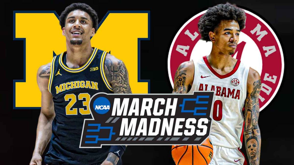 Michigan SF Yaxel Lendeborg and Alabama PG Labaron Philon with March Madness logo in between them. Michigan Wolverines logo and Alabama Crimson Tide logo behind them.