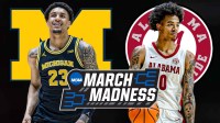 Michigan SF Yaxel Lendeborg and Alabama PG Labaron Philon with March Madness logo in between them. Michigan Wolverines logo and Alabama Crimson Tide logo behind them.