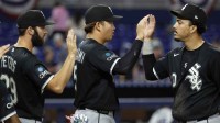 Chicago White Sox left fielder Tristan Peters (29), designated hitter Munetaka Murakami (5) and first baseman Miguel Vargas (20) celebrate their win over the Miami Marlins at loanDepot Park.