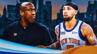 Knicks Mike Brown, Knicks Jose Alvarado with New York City as background