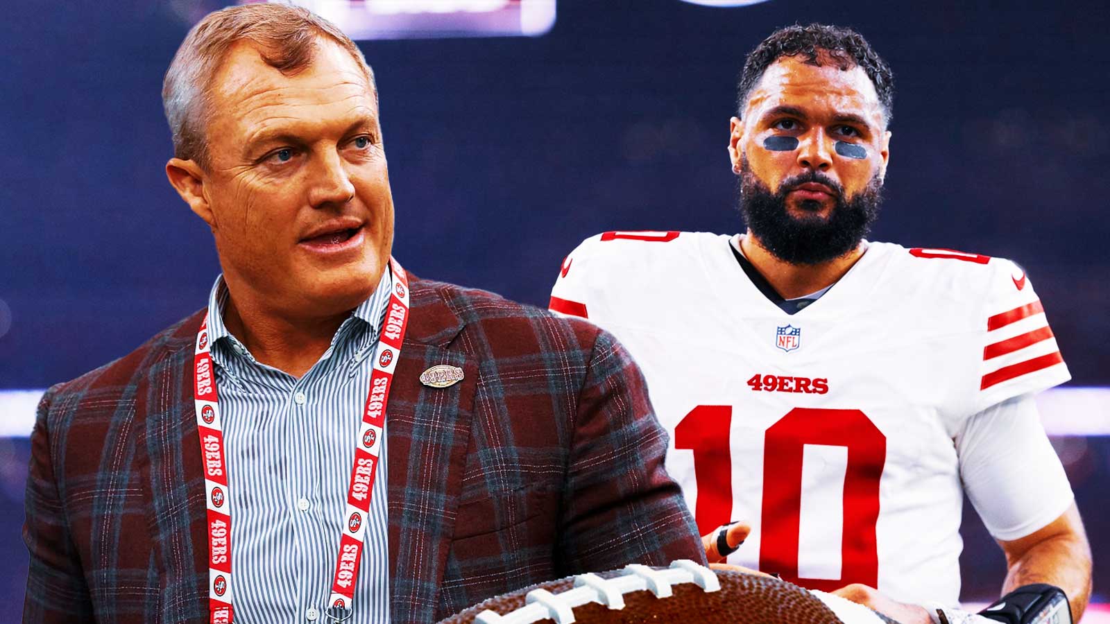 49ers GM John Lynch with WR Mike Evans wearing a #14 49ers jersey. San Francisco 49ers logo in background