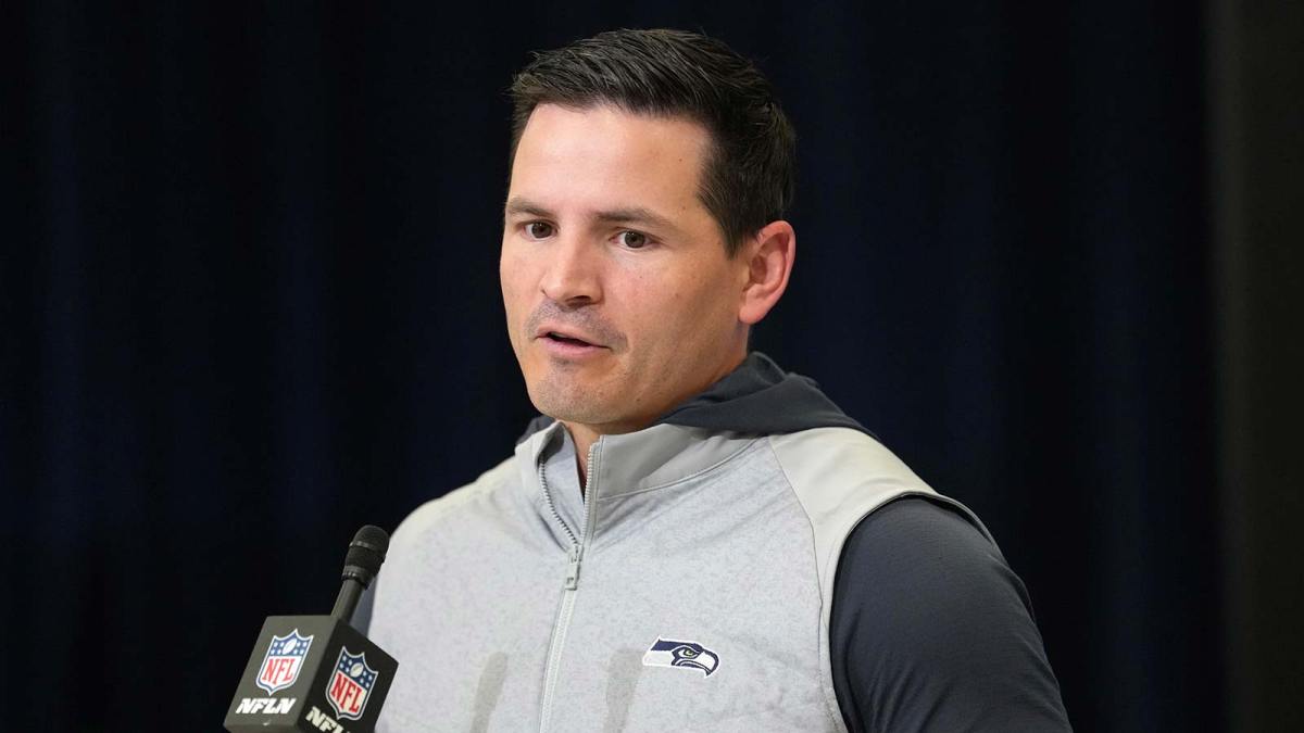 Seattle Seahawks coach Mike Macdonald speaks during the NFL Scouting Combine at the Indiana Convention Center.