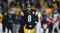 Pittsburgh Steelers quarterback Aaron Rodgers (8) looks on after being sacked during the first half of the NFL Wild Card game against the Houston Texans at Acrisure Stadium in Pittsburgh, PA on January 12, 2026.