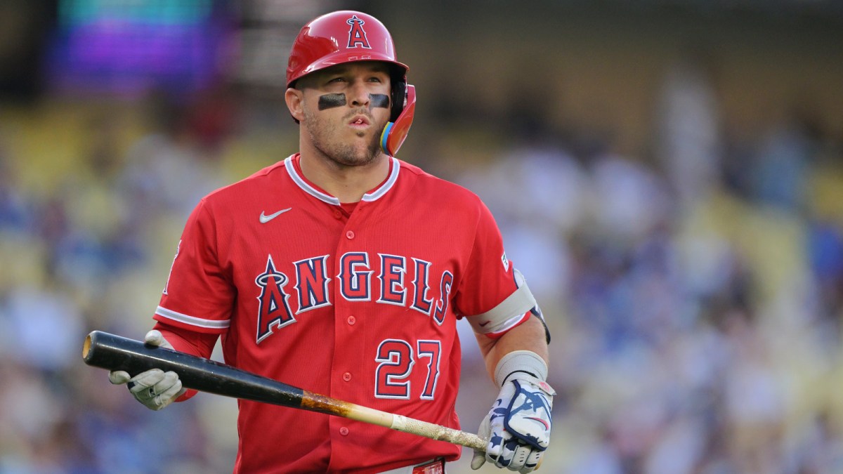 Los Angeles Angels center fielder Mike Trout (27) at bat during the fourth against the Los Angeles Dodgers at Dodger Stadium.