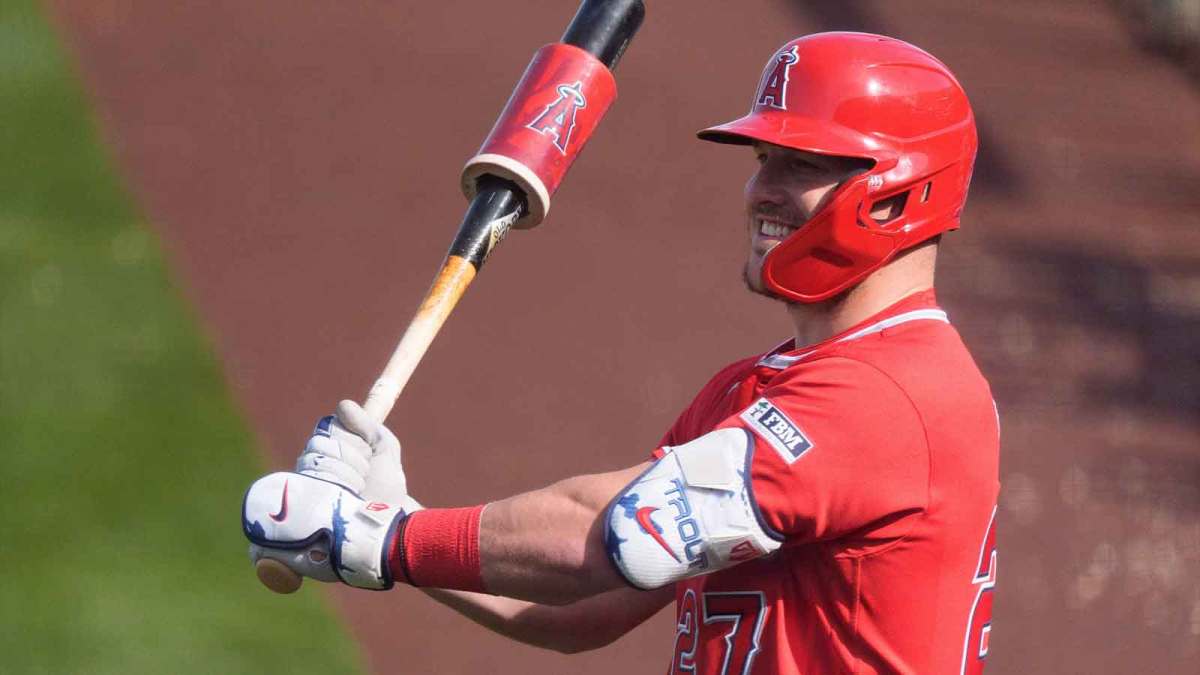 Los Angeles Angels designated hitter Mike Trout (27) prepares to bat in the sixth inning against the San Francisco Giants during a spring training game at Tempe Diablo Stadium.