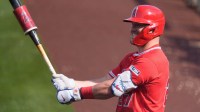 Los Angeles Angels designated hitter Mike Trout (27) prepares to bat in the sixth inning against the San Francisco Giants during a spring training game at Tempe Diablo Stadium