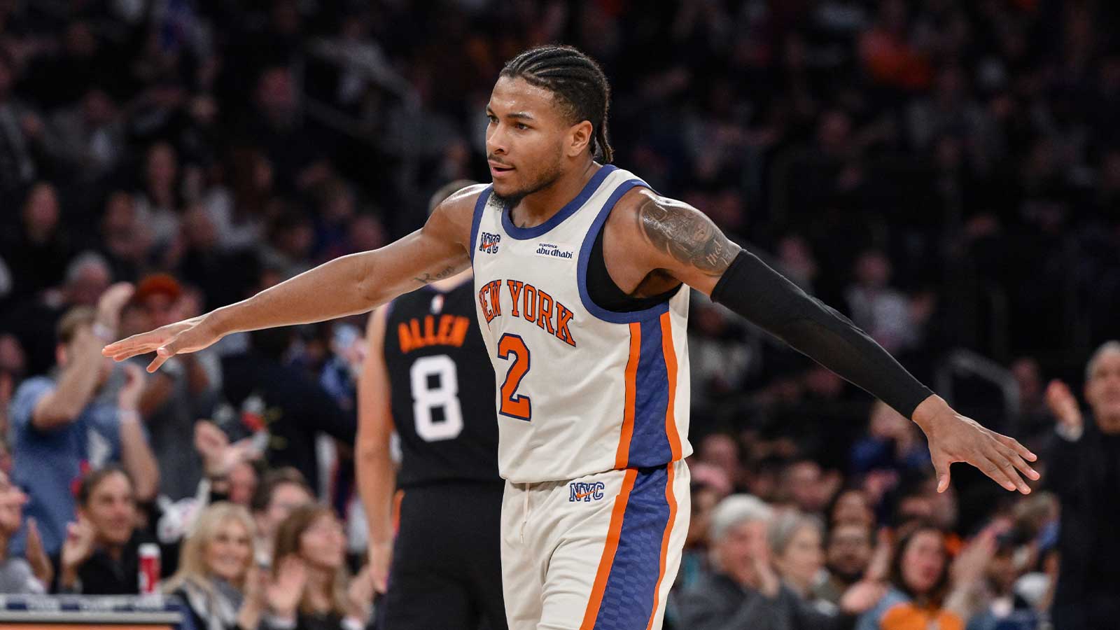Jan 17, 2026; New York, New York, USA; New York Knicks guard Miles McBride (2) reacts during the second half against the Phoenix Suns at Madison Square Garden. Mandatory Credit: John Jones-Imagn Images