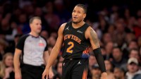 New York Knicks guard Miles McBride (2) reacts during the second quarter against the Sacramento Kings at Madison Square Garden.