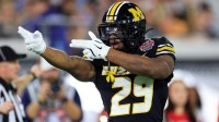 Missouri Tigers running back Ahmad Hardy (29) reacts to his first down pickup during the first quarter of the TaxSlayer Gator Bowl at EverBank Stadium, Saturday, Dec. 27, 2025, in Jacksonville. Fla.