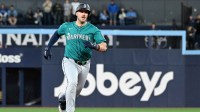 Seattle Mariners catcher Mitch Garver (18) runs after hitting a triple against the Toronto Blue Jays in the sixth inning during game two of the ALCS round for the 2025 MLB playoffs at Rogers Centre