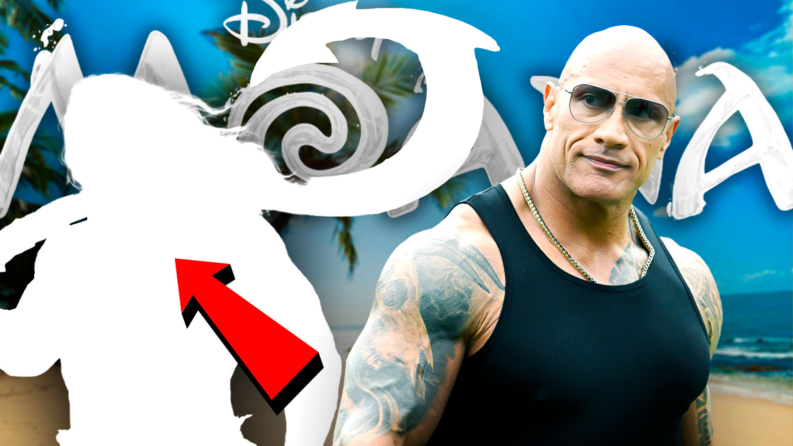 Silhouette of Maui in the live-action remake of Moana with movie logo and star Dwayne Johnson with beach background.