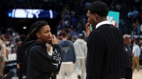 Memphis Grizzlies guard Ja Morant (left) and Utah Jazz forward Jaren Jackson Jr. (right) talk after a game at FedExForum.