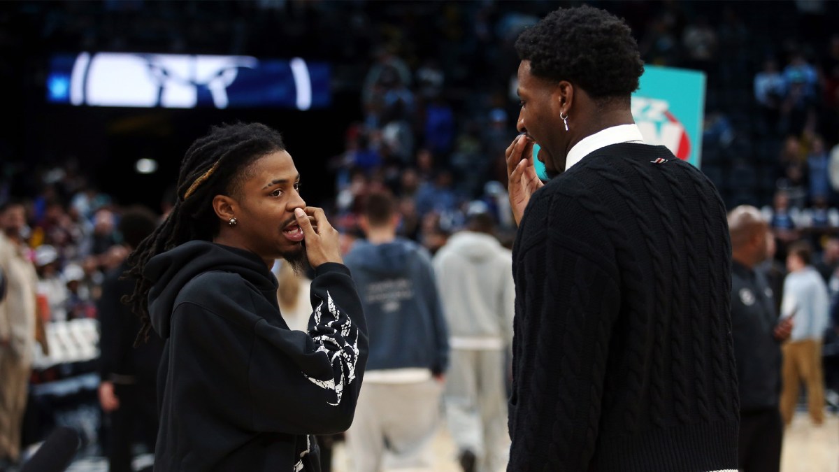 Memphis Grizzlies guard Ja Morant (left) and Utah Jazz forward Jaren Jackson Jr. (right) talk after a game at FedExForum.