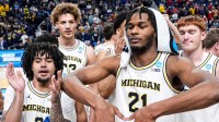 Michigan forward Morez Johnson Jr. (21) poses for a photo after 101-80 win over Howard at the NCAA Tournament First Round at KeyBank Center in Buffalo on Thursday, March 19, 2026.