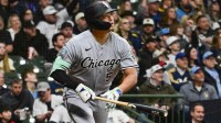 Chicago White Sox first baseman Munetaka Murakami (5) watches after hitting a solo home run against the Milwaukee Brewers in the fourth inning at American Family Field.