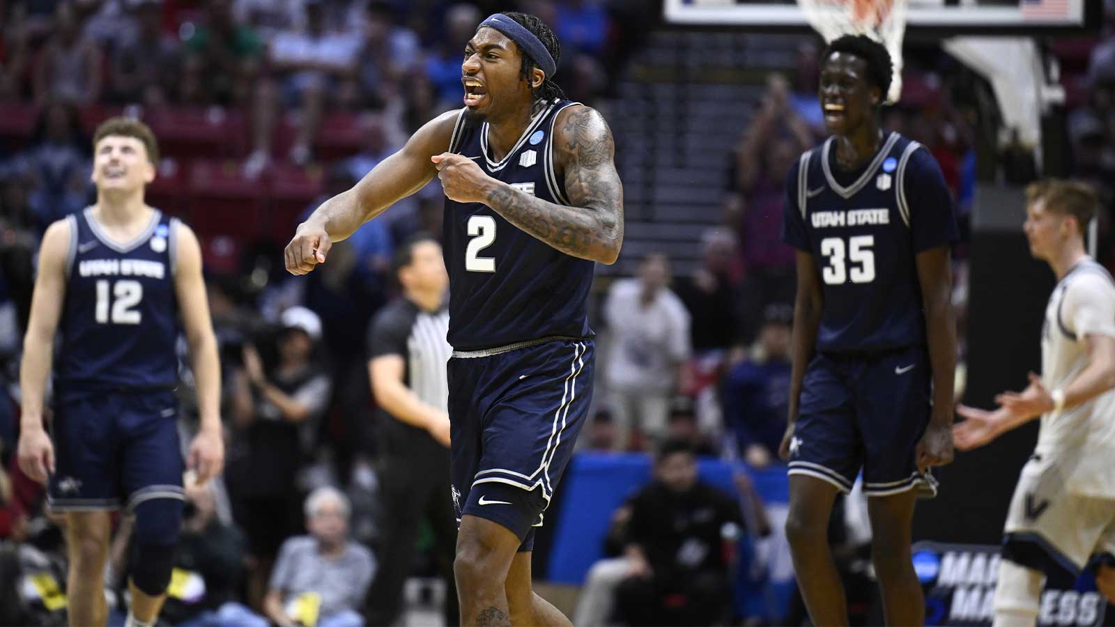 Utah State Aggies guard Mj Collins (2) reacts in the second half against the Villanova Wildcats during a first round game of the men's 2026 NCAA Tournament at Viejas Arena.