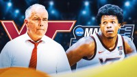 Virginia Tech HC Mike Young and Virginia Tech SF Amani Hansberry. Virginia Tech Hokies logo and March Madness logo behind them.