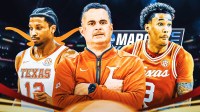 Texas head coach Sean Miller, guards Daylin Swain and Tramon Mark. Somewhere above them, a Texas Longhorns logo inside of a bubble. March Madness logo in front