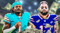 Malik Willis photoshopped in Dolphins jersey, Mile Evans photoshopped in Bills jersey (Include jersey numbers). Money all over the graphic.