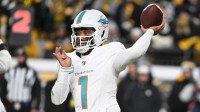 Miami Dolphins quarterback Tua Tagovailoa (1) throws in the third quarter against the Pittsburgh Steelers at Acrisure Stadium.