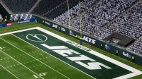 The New York Jets logo in the end zone during an NFL International Series game at Tottenham Hotspur Stadium. Mandatory Credit: Kirby Lee-Imagn Images
