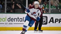 Colorado Avalanche center Nathan MacKinnon (29) skates against the Dallas Stars during the game between the Stars and the Avalanche at American Airlines Center.