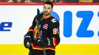 Calgary Flames center Nazem Kadri (91) skates during the warmup period against the Calgary Flames at Scotiabank Saddledome.