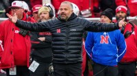 Nebraska Cornhuskers head coach Matt Rhule reacts to a non-call on a play during the third quarter against the Iowa Hawkeyes at Memorial Stadium.