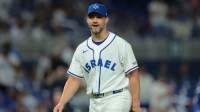 Israel pitcher Tommy Kahnle (43) looks on toward catcher C.J. Stubbs (not pictured) after the game against Nicaragua at loanDepot Park.