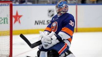 New York Islanders goaltender Ilya Sorokin (30) reacts after a goal by Pittsburgh Penguins right wing Rickard Rakell (not pictured) during the third period at UBS Arena.