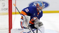 New York Islanders goaltender Ilya Sorokin (30) makes a save against the Columbus Blue Jackets during the third period at UBS Arena.