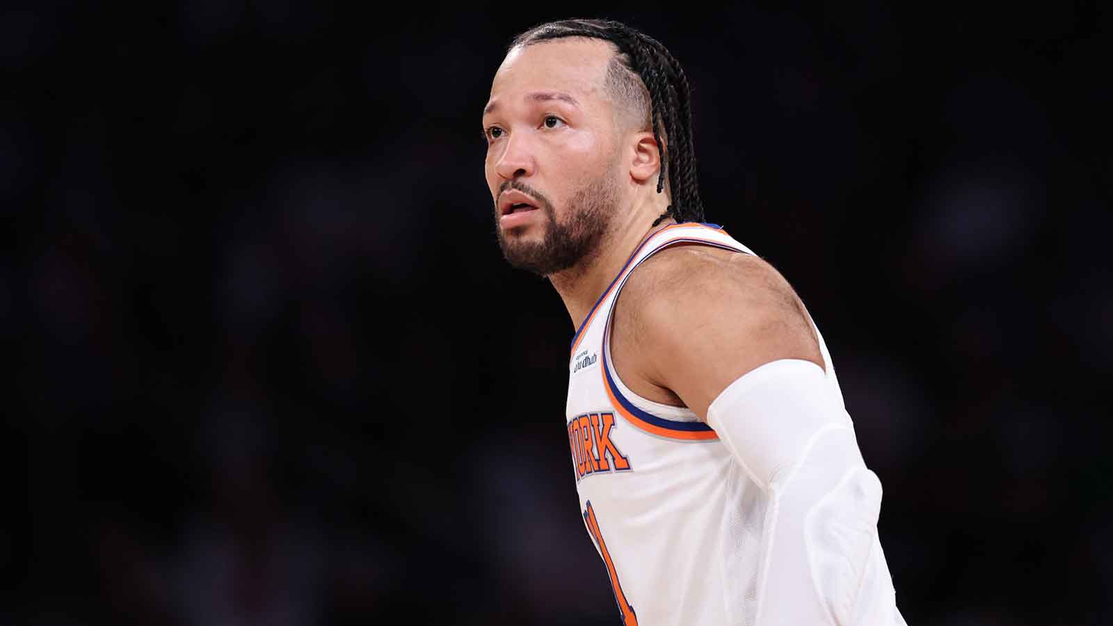 New York Knicks guard Jalen Brunson (11) looks back during the first half against the Oklahoma City Thunder at Madison Square Garden. Mandatory Credit: Vincent Carchietta-Imagn Images