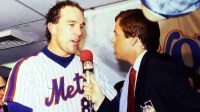 New York Mets Gary Carter and NBC Sports Bob Costa after the Mets defeated the Boston Red Sox in game 7 of the 1986 World Series at Shea Stadium Oct. 27, 1986.