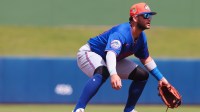 New York Mets third baseman Bo Bichette (19) defends his position against the Washington Nationals during the first inning at CACTI Park of the Palm Beaches