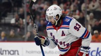 New York Rangers center Mika Zibanejad (93) skates back to the bench after scoring a goal against the Philadelphia Flyers during the second period at Xfinity Mobile Arena.