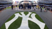 An view of the a field logo before game three of the 2017 ALCS playoff baseball series between the New York Yankees and the Houston Astros at Yankee Stadium.