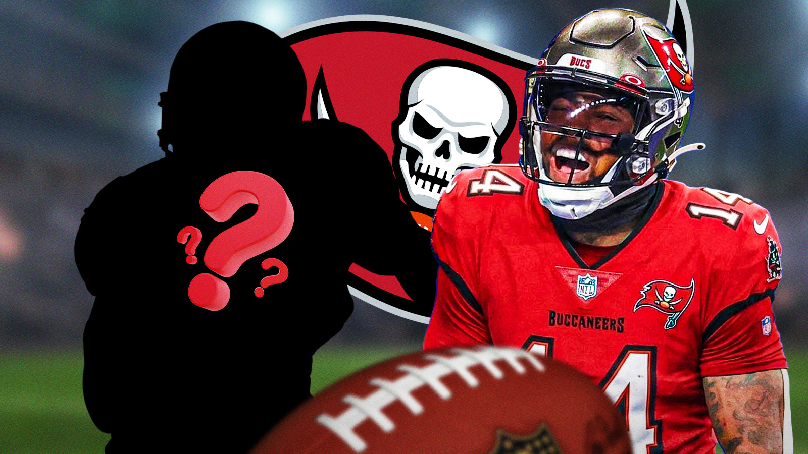 RB Kenneth Gainwell in a Tampa Bay Buccaneers uniform. He is next to a silhouette of an American football player with a big question mark emoji inside. There is also a logo for the Tampa Bay Buccaneers in the background.