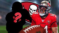 RB Kenneth Gainwell in a Tampa Bay Buccaneers uniform. He is next to a silhouette of an American football player with a big question mark emoji inside. There is also a logo for the Tampa Bay Buccaneers in the background.