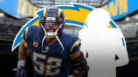 Khalil Mack on one side, Mystery player beside him, Los Angeles Chargers logo in the background